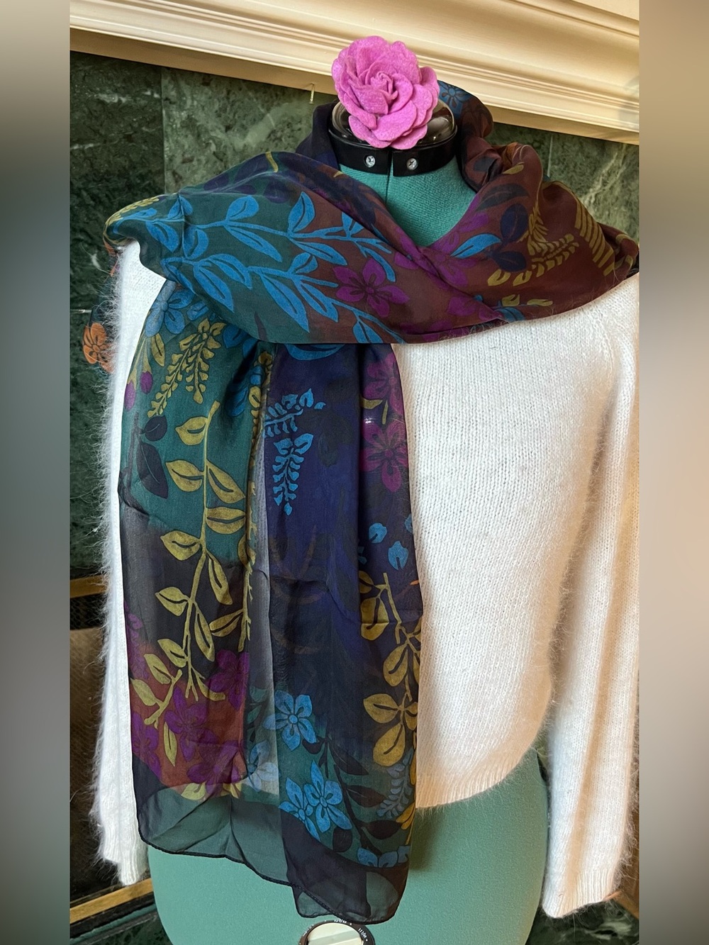 Vintage Sheer Silk Scarf Floral Botanical Chiffon Oblong Wrap Shawl 27x68